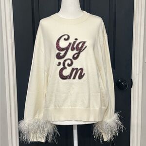 Queen of Sparkle Cream Texas A&M Sweater with Maroon Text and Feather Cuffs